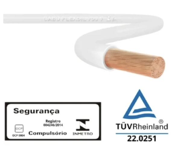 Detalhe da etiqueta técnica do rolo de cabo flexível Sil 2,5mm branco.