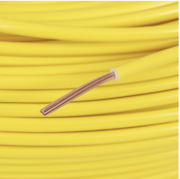 Rolo de cabo flexível Cobrecom 1,5mm 750V amarelo em embalagem plástica lacrada.