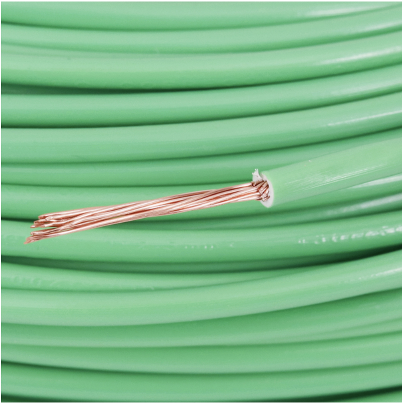 Detalhe da seção transversal e isolamento do cabo flexível verde 6mm